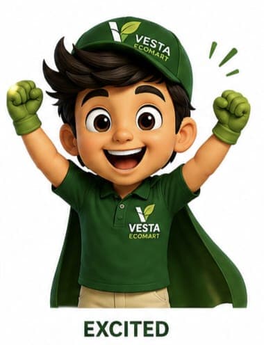 Vesta, the VESTA Ecomart mascot, cheering with both fists raised
