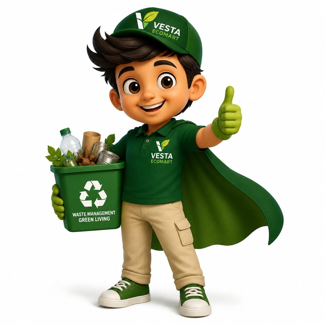 Vesta, the VESTA Ecomart mascot, holding a recycling bin and giving a thumbs up