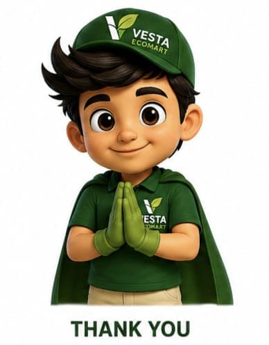 Vesta, the VESTA Ecomart mascot, with hands together to say thank you