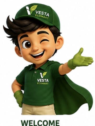 Vesta, the VESTA Ecomart mascot, waving a friendly welcome